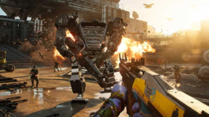 The player-character is in first person, holding a machine gun. with the blue hands of a Na'vi. In front of them are aggressive human enemies on foot, as well as one enemy in a bipedal mech. The mech holds a massive weapon as it advances on the player. 