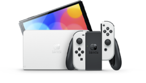 A Nintendo Switch OLED model. It includes a white dock with the screened console popping out of the top. Next to this is a white cotnroller.
